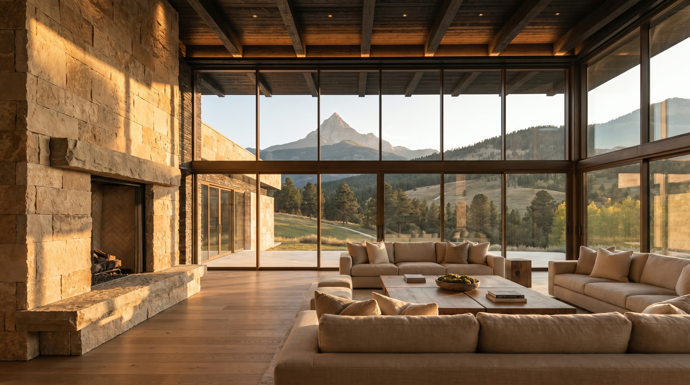 A great room with floor-to-ceiling glass framing the peak